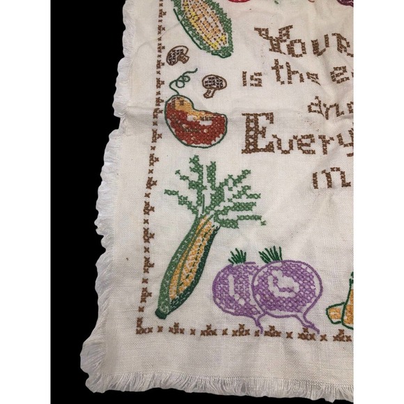 VTG Cross Stitch Sampler Motto Completed Fruits & Vegetables Yours is the Earth - Picture 7 of 8